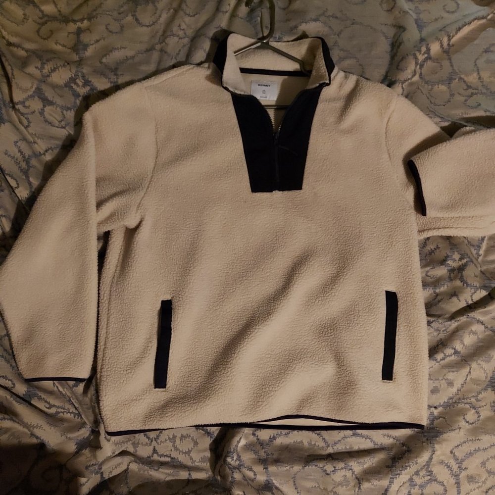 Old Navy - White & Blue Fleece 1/4 Zip Sweater [XXL] 2 pockets